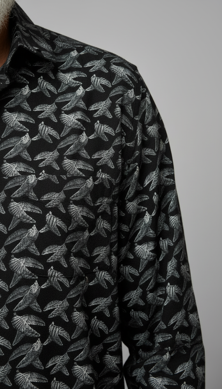 Men Floral Printed Cotton Linen Classic Shirt - Black