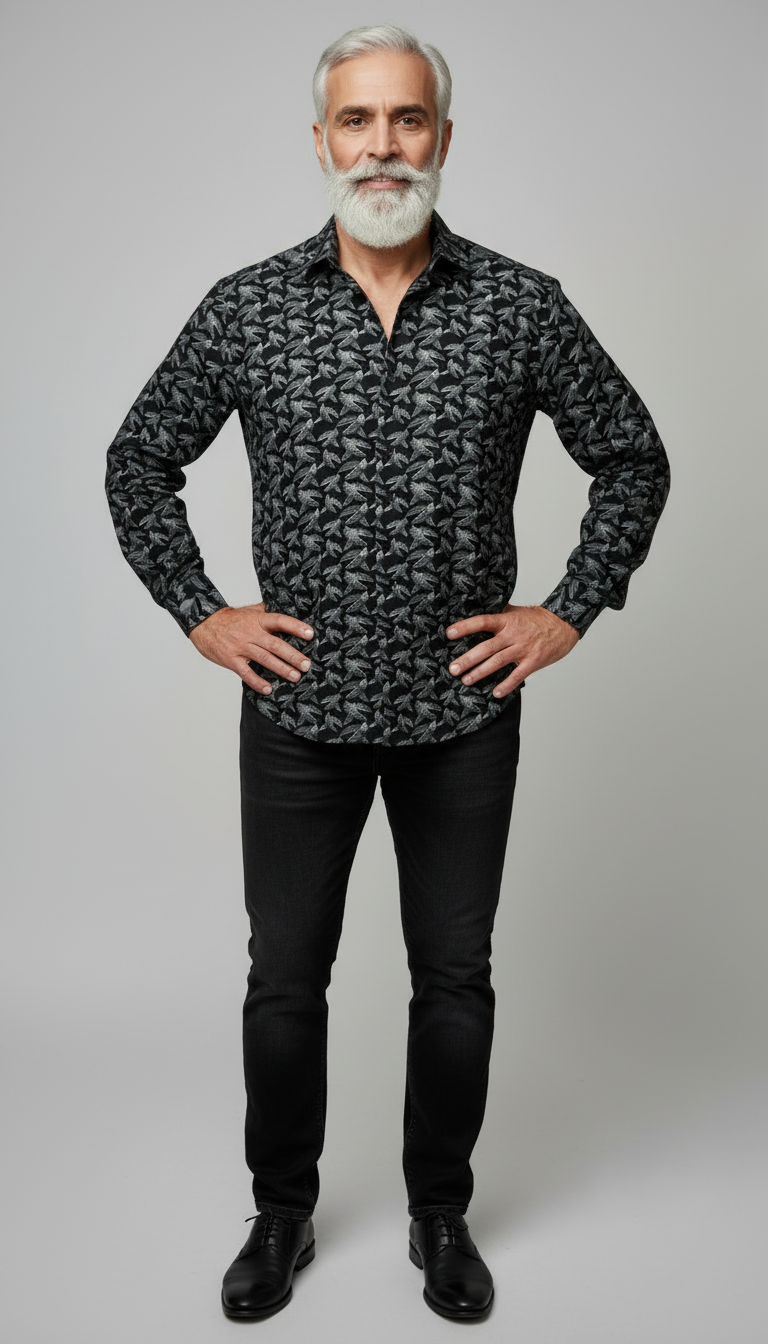 Men Floral Printed Cotton Linen Classic Shirt - Black