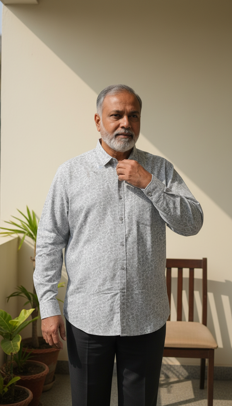 Men Floral Printed Cotton Linen Classic Shirt - Lite Gray
