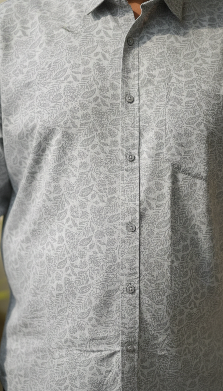 Men Floral Printed Cotton Linen Classic Shirt - Lite Gray
