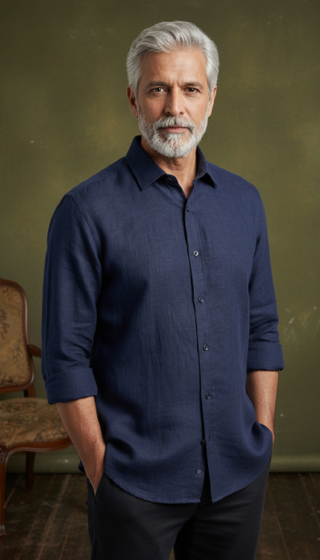 Men Linen Cotton Classic Shirt - Navy Blue