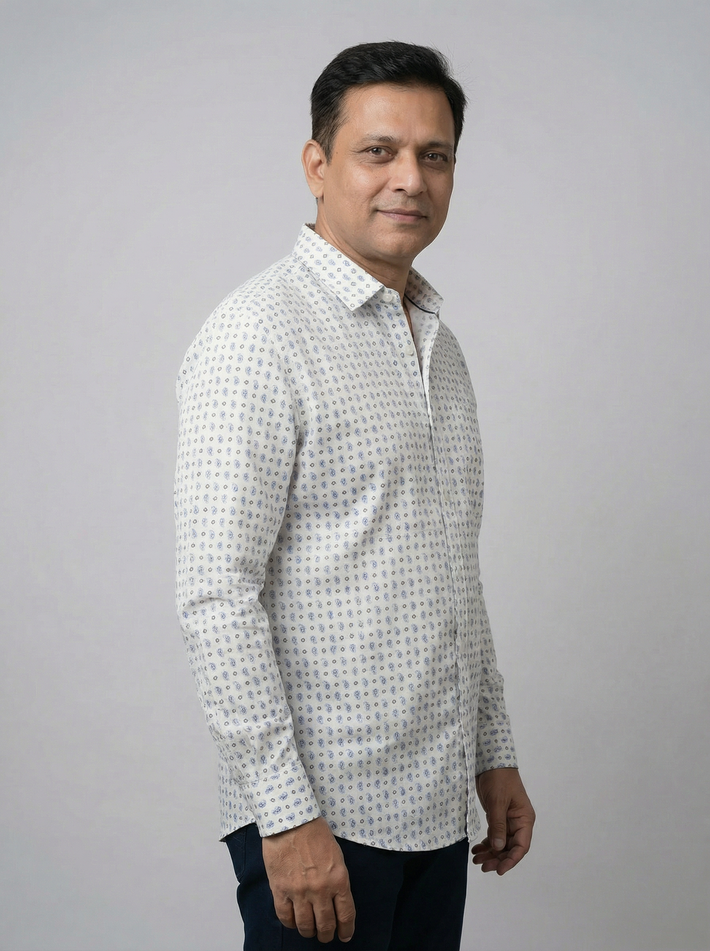 Men Floral Printed Cotton Linen Classic Shirt - White