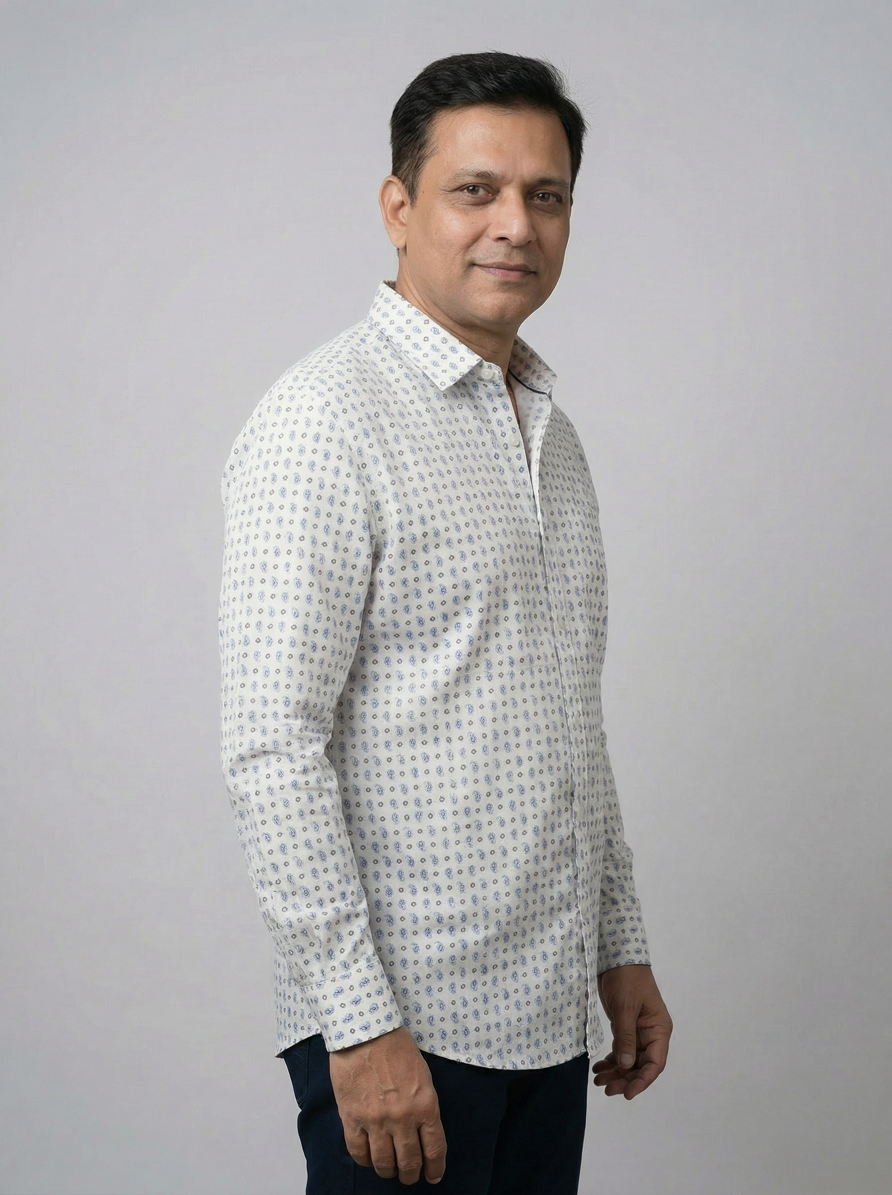 Men Floral Printed Cotton Linen Classic Shirt - White