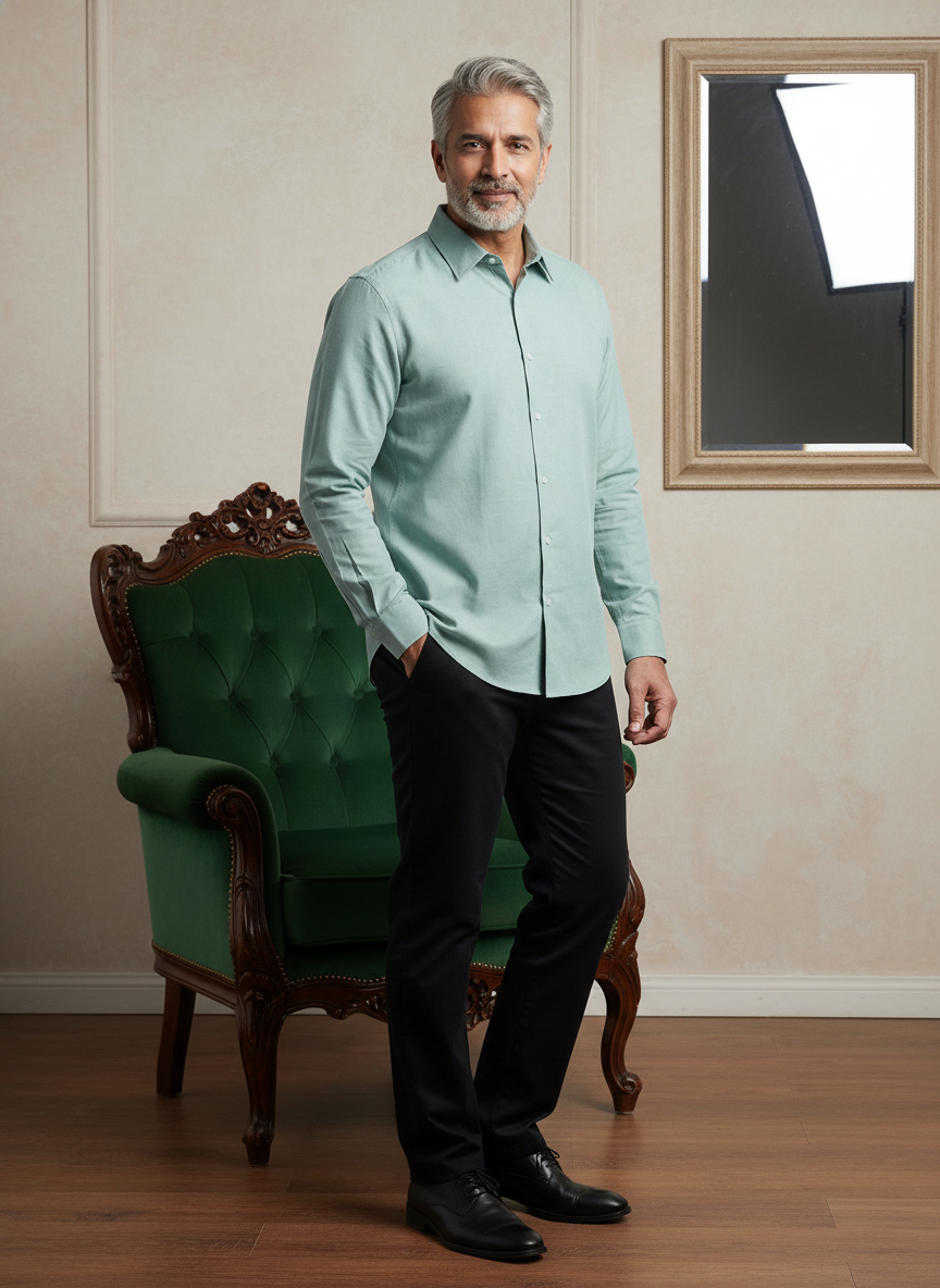 Men Linen Cotton Classic Shirt - Cyan