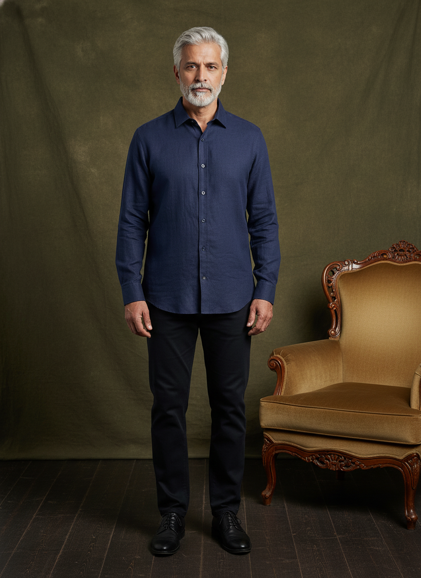 Men Linen Cotton Classic Shirt - Navy Blue